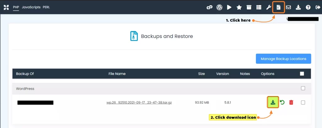 How to download and restore WordPress backup using Softaculous? 6 Backup download by softaculous 15